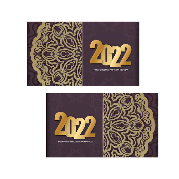 Szablon Powitanie Broszura 2022 Wesołych świąt I Szczęśliwego Nowego Roku Bordowy Kolor Z Zimowym Złotym Ornamentem