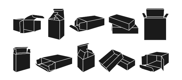 Plik wektorowy szablon prezentu zestaw czarnych glifów pudełka do pakowania produktów kolekcja sylwetka otwarty pakiet w kształcie papieru