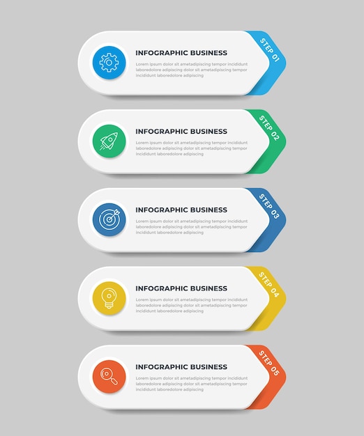 Plik wektorowy szablon projektowania infografiki biznesowej z ikonami i 5 opcjami lub krokami do prezentacji przepływu pracy