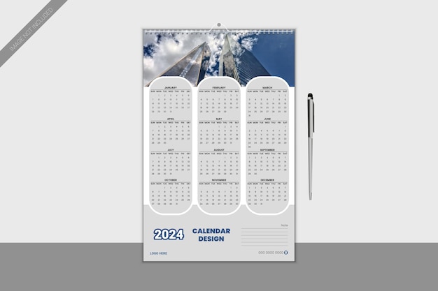 Plik wektorowy szablon projektowania kalendarza ściennego na rok 2024