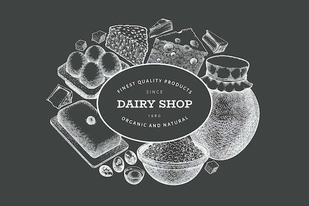 Plik wektorowy szablon projektowania żywności rolniczej ręcznie narysowana ilustracja wektorowa mleka na tablicy kredowej w stylu grawerowanym różne produkty mleczne i jaja baner retro tło żywności