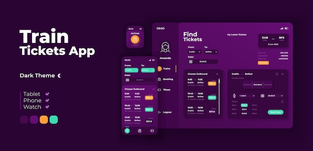 Szablon Projektu Adaptacyjnego Wektor Ekran Aplikacji Biletów Kolejowych. Interfejs Trybu Nocnego Aplikacji Rezerwacji Wycieczek O Płaskim Charakterze. Informacje O Podróży I Ceny Smartfon, Tablet, Inteligentny Zegarek Animowany Interfejs Użytkownika