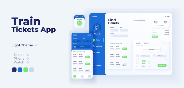 Szablon Projektu Adaptacyjnego Wektor Ekran Aplikacji Bilety Kolejowe. Interfejs Trybu Dziennego Aplikacji Usługi Rezerwacji Internetowej O Płaskim Charakterze. Profil Użytkownika Smartfona, Tabletu, Kreskówkowego Interfejsu Użytkownika Inteligentnego Zegarka