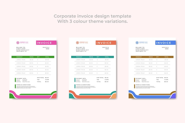 Plik wektorowy szablon projektu faktury korporacyjnej z trzema odmianami motywu kolorystycznego