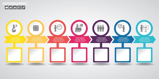 Szablon projektu infografiki osi czasu z 7 opcjami diagramu procesu ilustracji wektorowych eps10
