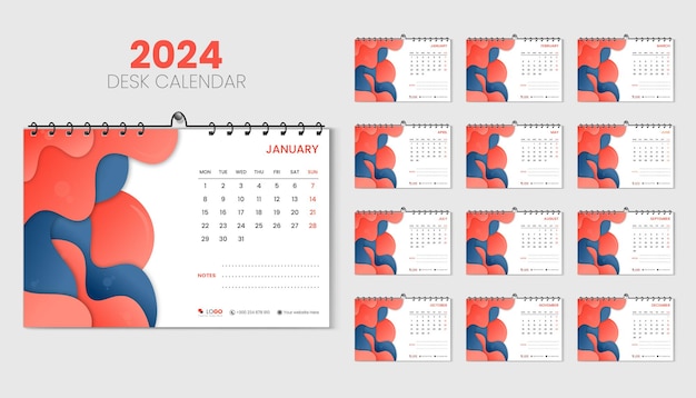 Szablon projektu kalendarza biurkowego na szczęśliwego nowego roku 2024