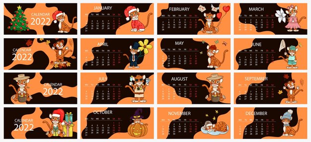 Szablon Projektu Kalendarza Na Rok 2022, Rok Tygrysa Według Kalendarza Chińskiego Lub Wschodniego, Z Ilustracją Tygrysa, 12 Miesięcy. Stół Poziomy Z Kalendarzem Na Rok 2022. Wektor