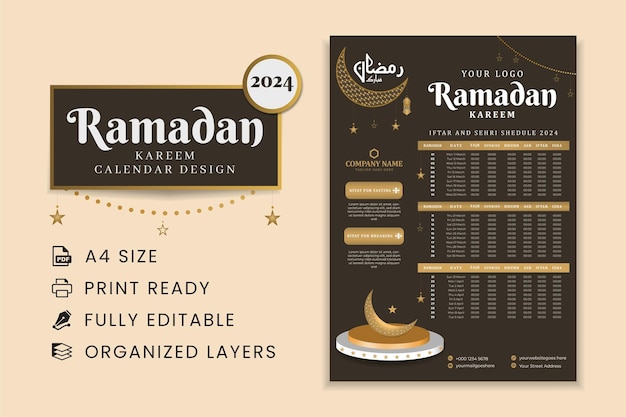 Plik wektorowy szablon projektu kalendarza ramadanu 2024