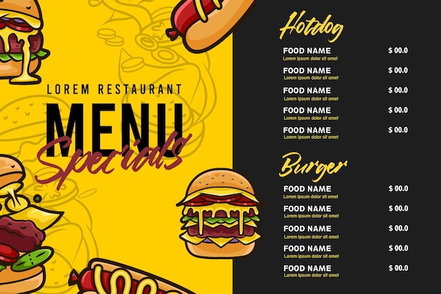 Plik wektorowy szablon projektu menu fast food z burgerem i wektorem hotdogów