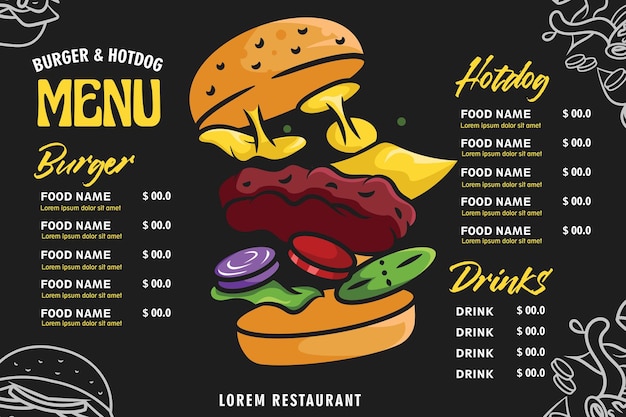 Szablon Projektu Menu Fast Food Z Burgerem I Wektorem Hotdogów