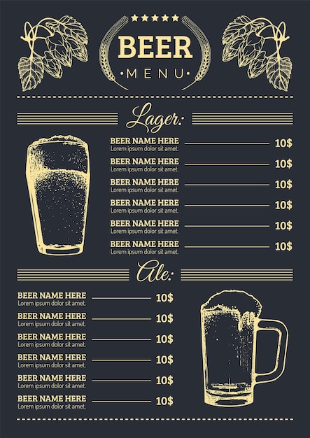 Szablon projektu menu piwa Wektor bar pubu lub karty restauracji z ręcznie naszkicowanymi ilustracjami lager ale Browar elementy ikony szklany kubek butelka zioła i rośliny