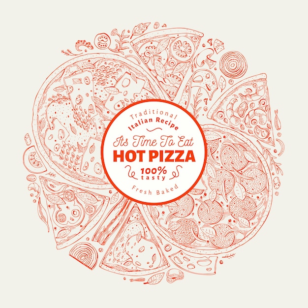 Szablon Projektu Pizzy. Ręcznie Rysowane Ilustracji Wektorowych Fast Food. Szkic Stylu Retro Włoskiej Pizzy Tło.