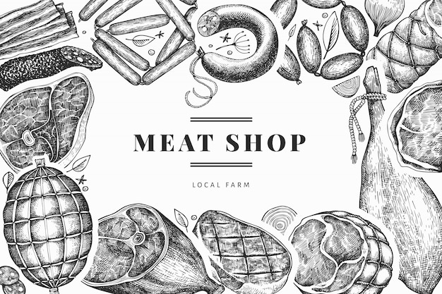 Szablon projektu Vintage produktów mięsnych. Ręcznie rysowane szynka, kiełbaski, jamon, przyprawy i zioła. Retro ilustracji.
