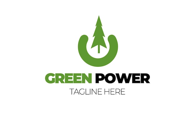 Szablon projektu wektora dla logo lub ikony zielonej energii, wyposażony w przycisk zasilania i sosnę.