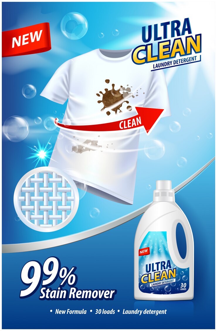Wektor szablon reklamy detergentu do prania i odplamiacza.