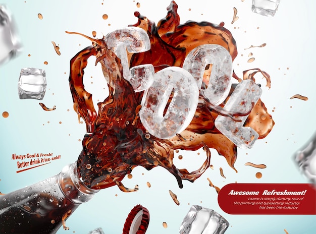 Plik wektorowy szablon reklamy świeżej mrożonej coli z plamami wyskakującymi z krawędzi butelki i zamarzniętymi blokami lodu