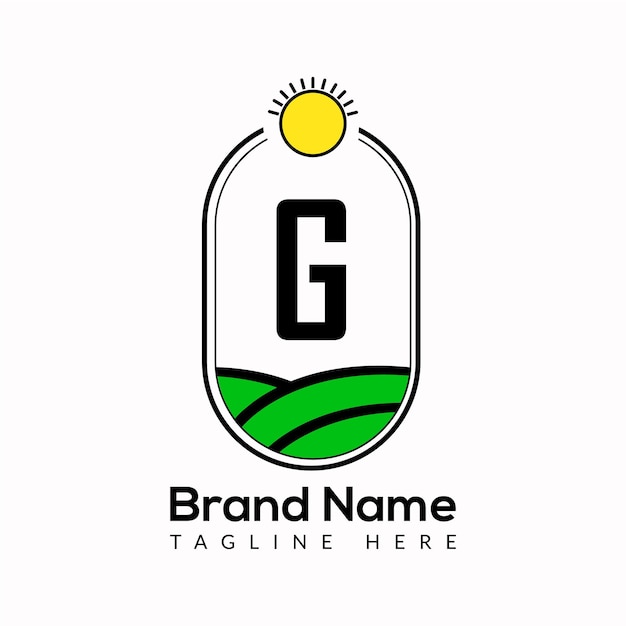 Szablon Rolnictwa Na Literę G. Farmland Logo, Agro Farm, Projektowanie Logo Eco Farm Z Ikoną Słońca.