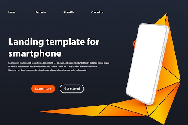 Plik wektorowy szablon strony docelowej biały smartfon. nowoczesny bezramowy ekran smartfonów, szablon prezentacji aplikacji telefonu komórkowego i realistyczna ilustracja smartfona 3d. promocja urządzenia