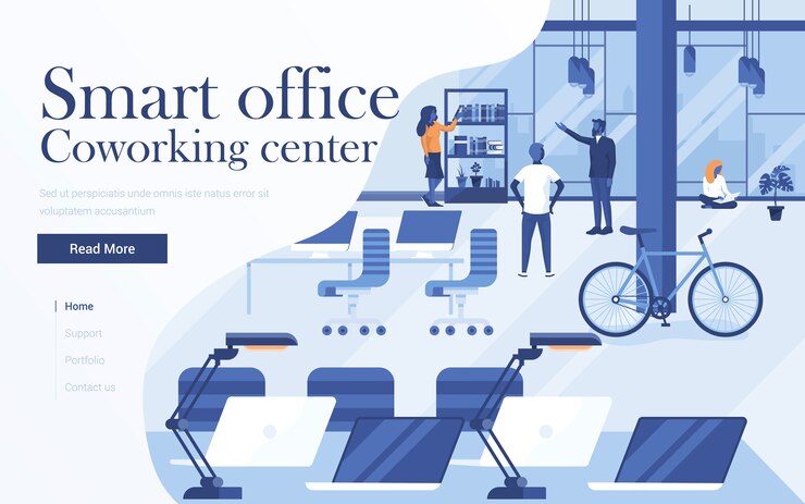 Wektor szablon strony docelowej centrum coworkingowego. zespół młodych ludzi pracujących razem w obszarze roboczym. nowoczesna strona internetowa dla serwisu www i serwisu mobilnego. ilustracja