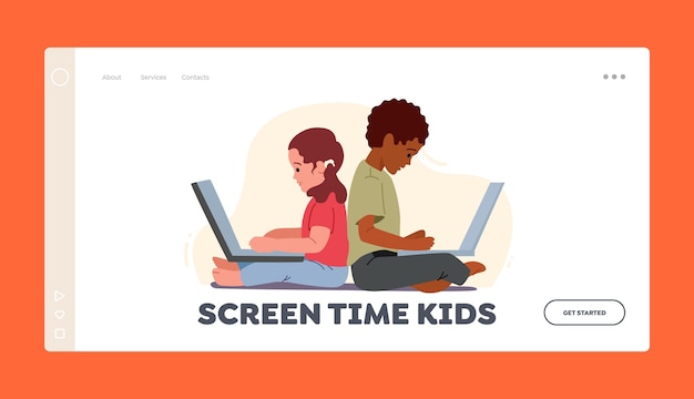 Plik wektorowy szablon strony docelowej dla dzieci czasu przed ekranem. dzieci korzystające z gadżetów, chłopiec i dziewczynka z laptopami. zdalna edukacja dzieci