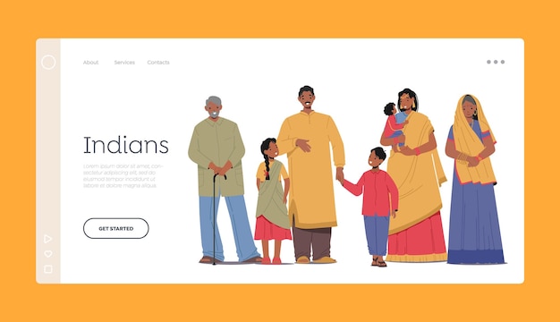 Plik wektorowy szablon strony docelowej dla indian szczęśliwa rodzina indyjska młody i stary mężczyzna postacie kobiece rodzice dziadkowie i dzieci