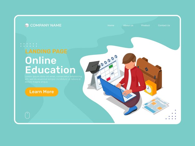 Szablon strony docelowej edukacji online z izometrycznym charakterem studiującym na laptopie.