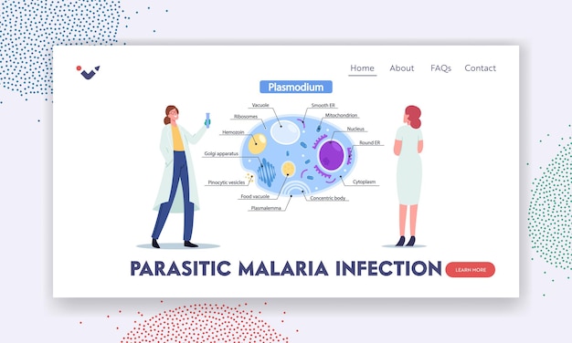 Szablon Strony Docelowej Inwazji Pasożytniczej Malarii. Naukowcy Charakter Z Probówki Uczącej Się Anatomii Pasożytów Plazmatycznych. Infografiki Mikrobiologii Komórki. Ilustracja Wektorowa Kreskówka Ludzie