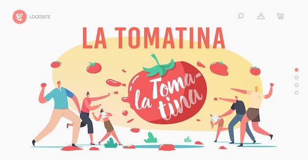 Szablon Strony Docelowej La Tomatina. święto Pomidorów. Wesołe Postacie Rzucają Warzywami Na Ziemię. Hiszpania Tradycyjna Rozrywka, święto Zbiorów. Ilustracja Wektorowa Kreskówka Ludzie
