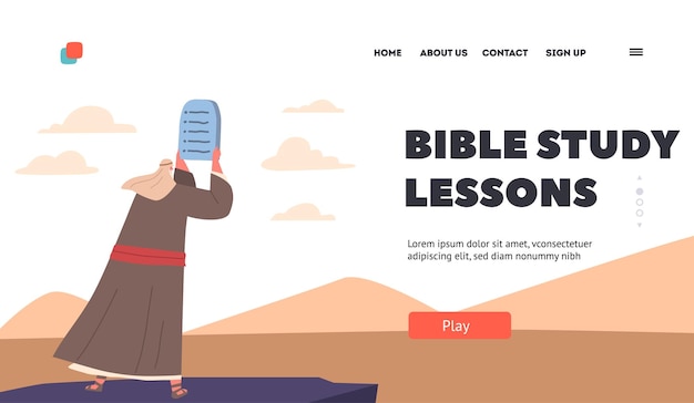 Szablon Strony Docelowej Lekcji Studiowania Biblii Postać Mojżesza Trzymająca Kamienne Tablice Z Dziesięcioma Przykazaniami Na Górze Synaj