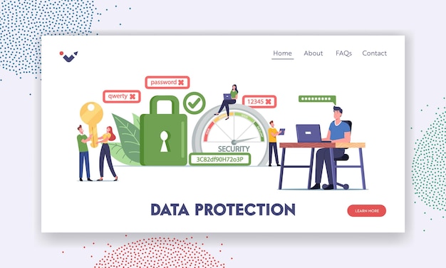 Szablon Strony Docelowej Ochrony Danych. Znaki Tworzą Silne Hasło Do Konta Internetowego. Człowiek Pracujący Na Laptopie W Biurze, Skala Z Zakresem Trudności Hasła. Ilustracja Wektorowa Kreskówka Ludzie