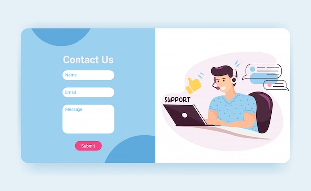 Szablon Strony Docelowej Pomocy Technicznej Z Formularzem Kontaktowym. Operator Obsługi Klienta Z Zestawem Słuchawkowym Rozmawia Z Klientem, Makieta Strony Internetowej. Ilustracja Kreskówka
