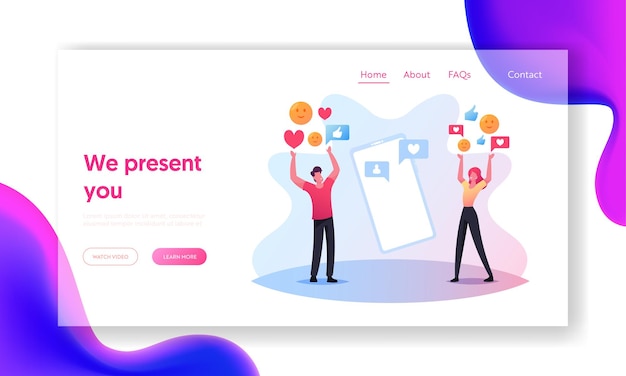 Szablon Strony Docelowej Sieci Społecznościowych. Postacie Komunikujące Się Przez Smartfony, Czaty Internetowe I Sms-y Ze Znajomymi, Inteligentne Technologie Gadżetów. Ilustracja Wektorowa Kreskówka Ludzie