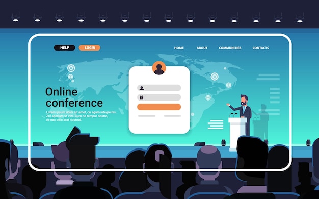Plik wektorowy szablon strony docelowej strony internetowej konferencji online biznesmen wygłaszający mowę z trybuny podczas wirtualnego spotkania