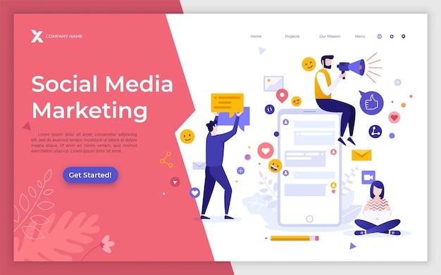 Szablon strony docelowej z gigantycznym smartfonem i ludźmi pracującymi obok marketingu mediów społecznościowych lub badań rynku cyfrowego SMM Nowoczesna płaska ilustracja wektorowa do promocji usług online
