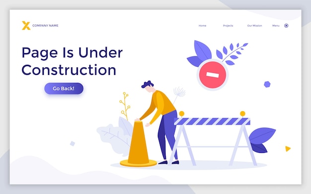 Szablon Strony Docelowej Z Osobą Z Barierą Bezpieczeństwa Drogowego Stożka Koncepcja Strony Internetowej W Trakcie Budowy Błąd 404 Ograniczony Dostęp Do Konserwacji Strony Internetowej Nowoczesna Płaska Wektorowa Ilustracja