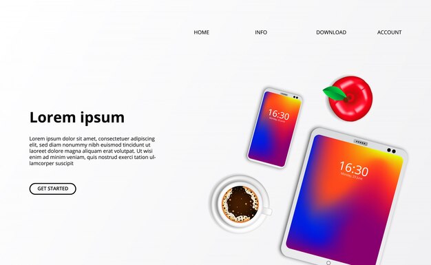Szablon Strony Internetowej. Gadżet Tablet Smarthphone Z Widokiem Na Kawę