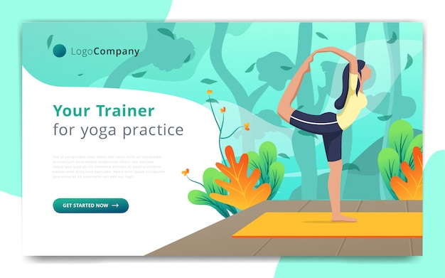 Plik wektorowy szablon strony internetowej trenera jogi ćwiczy w otwartym szablonie strony internetowej natury