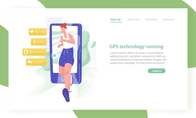 Szablon Strony Internetowej Z Joggingiem Sportowcem Lub Sportowcem I Smartfonem. Technologia śledzenia Biegu Gps. Aplikacja Mobilna Do Uprawiania Sportu, Treningu Fitness Lub ćwiczeń. Ilustracja Wektorowa Płaski.