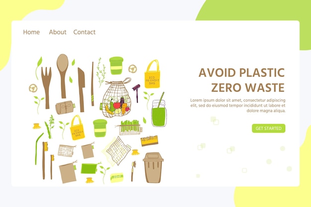 Plik wektorowy szablon strony internetowej z koncepcją zero waste. brak plastikowych elementów eko życia: papier wielokrotnego użytku, drewniane, bawełniane torby z tkaniny. wektor idź zielony, bio logo lub znak. organiczny projekt