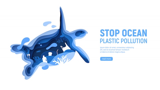 Szablon Strony Zanieczyszczenia Oceanu Z Tworzywa Sztucznego Z żółwia Sylwetka. żółw Wycięty Z Papieru Z Plastikowymi Odpadkami, Rybami, Bąbelkami I Rafami Koralowymi Na Białym Tle