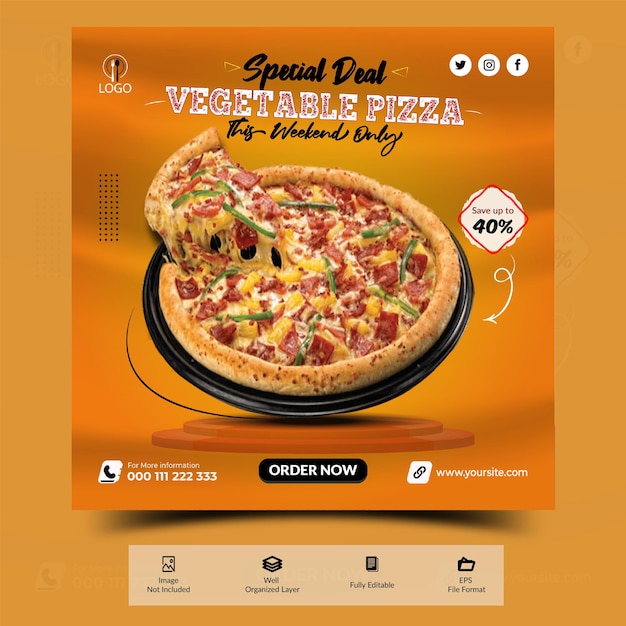 Szablon transparentu z jedzeniem warzywnej pizzy na post w mediach społecznościowych