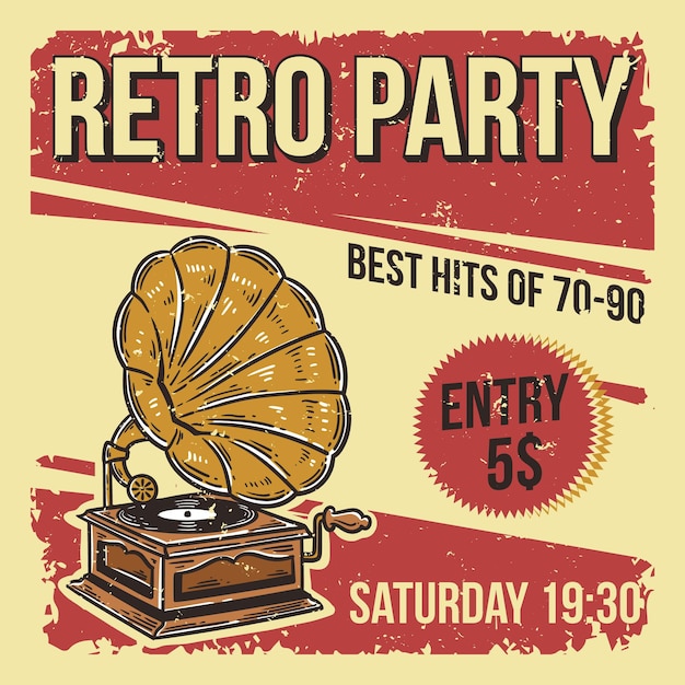 Plik wektorowy szablon ulotki lub plakatu retro party z gramofonem w stylu vintage na czerwonym tle