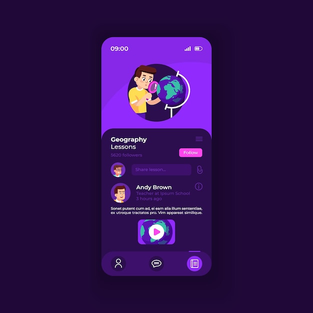 Szablon wektor interfejsu aplikacji edukacyjnej smartphone. Układ ciemnego motywu strony aplikacji mobilnej. Ekran aktualizacji lekcji online. Płaski interfejs użytkownika do aplikacji. Strona nauczyciela geografii na wyświetlaczu telefonu