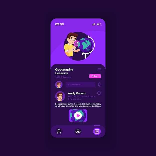Szablon Wektor Interfejsu Aplikacji Edukacyjnej Smartphone. Układ Ciemnego Motywu Strony Aplikacji Mobilnej. Ekran Aktualizacji Lekcji Online. Płaski Interfejs Użytkownika Do Aplikacji. Strona Nauczyciela Geografii Na Wyświetlaczu Telefonu