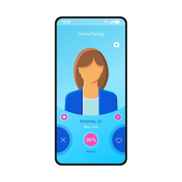 Szablon Wektor Interfejsu Aplikacji Randkowej Online. Układ Strony Mobilnej Niebieski Projekt. Swatanie, Kalkulator Miłości. Ekran Profilu Kobiety. Data, Dopasuj Aplikację. Płaski Interfejs Użytkownika Do Aplikacji. Wyświetlacz Telefonu