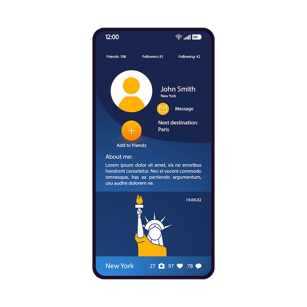 Plik wektorowy szablon wektor interfejsu aplikacji społecznościowej na smartfona