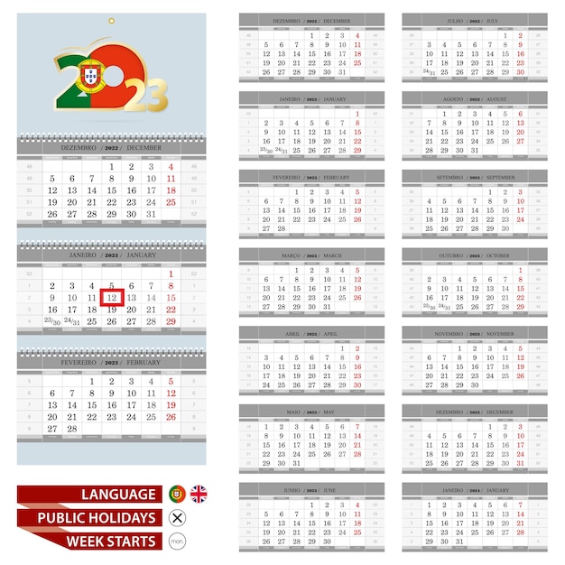 Szablon Wektor Kalendarza ściennego Portugalskiego Na Rok 2023