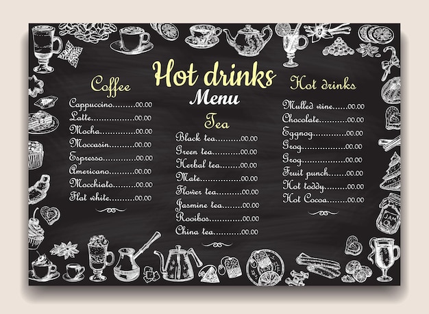 Plik wektorowy szablon wektor listy menu gorących napojów na tablicy