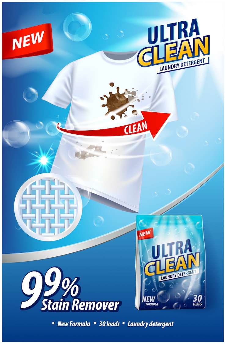Wektor szablon wektora reklamy detergentu do prania, odplamiacza.