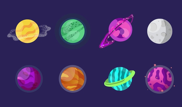 szablon wektorowy kolorowych planet kreskówek z płaskimi ikonami